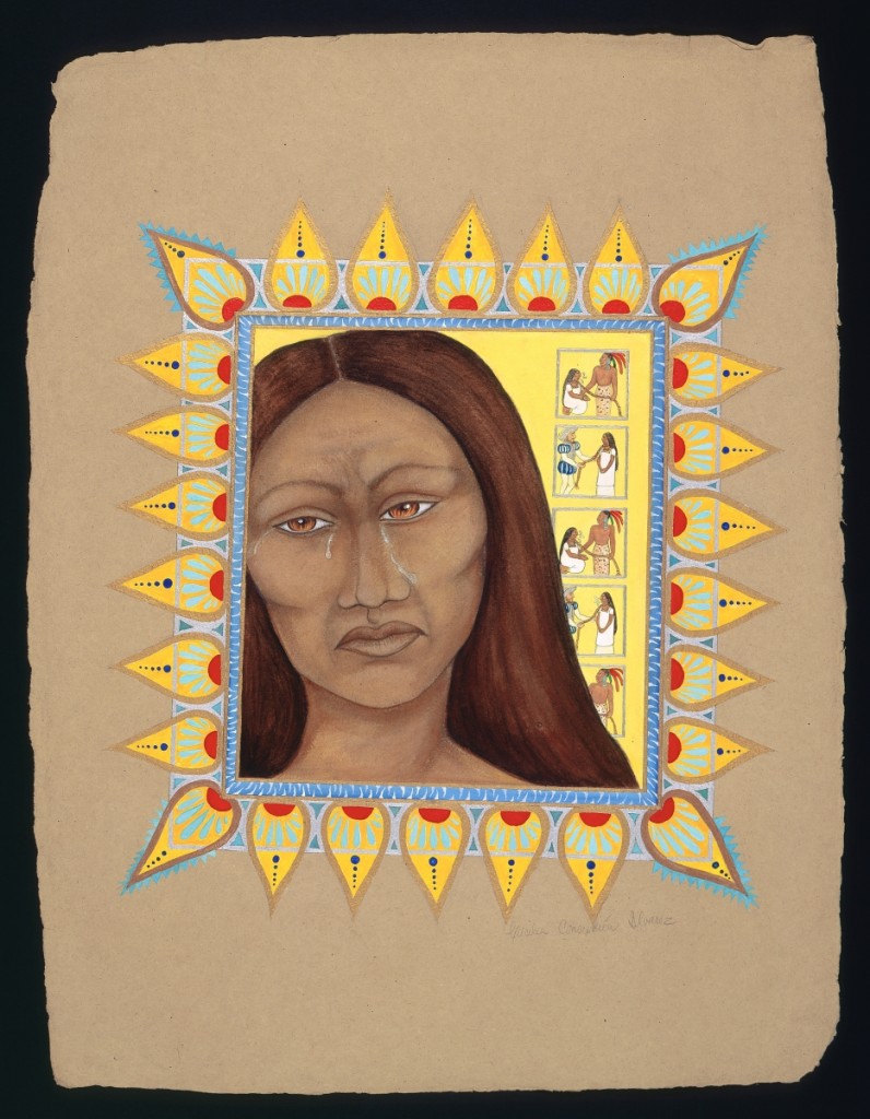 “La Malinche Tenía Sus Razones (La Malinche had her reasons)” by Cecilia Álvarez, 1995. Acrylic paint on amate paper. Courtesy of the artist. ©Cecilia Concepción Álvarez.