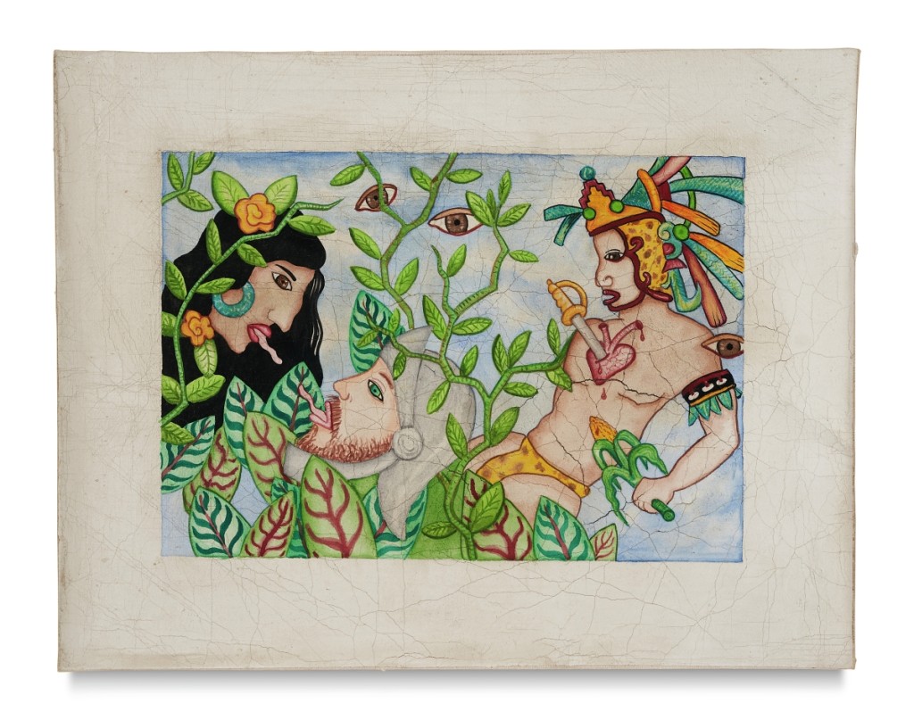 “La Traición de Malinche (Malinche’s betrayal)” by Teddy Sandoval, 1993. Watercolor on treated canvas. Courtesy of Paul Polubinskas, Estate of Teddy Sandoval. Photo courtesy of Elon Schoenholz Photography.