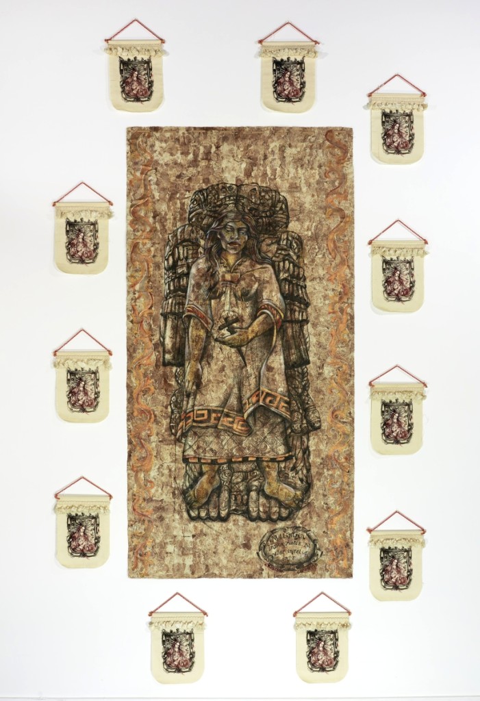 “Malinche, Coatlicue y Virgen de los Remedios” by Cristina Cárdenas, 1992. Ink on amate paper and cloth. The Mexican Museum, San Francisco. ©Cristina Cárdenas. Photo by Mark Andrew Wilson.