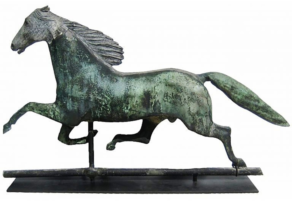 New Hampshire’s George Spiecker Fine Americana listed an Ethan Allen horse weathervane made by Cushing and White, circa 1868. It had a zinc head and mane and was priced $7,600.