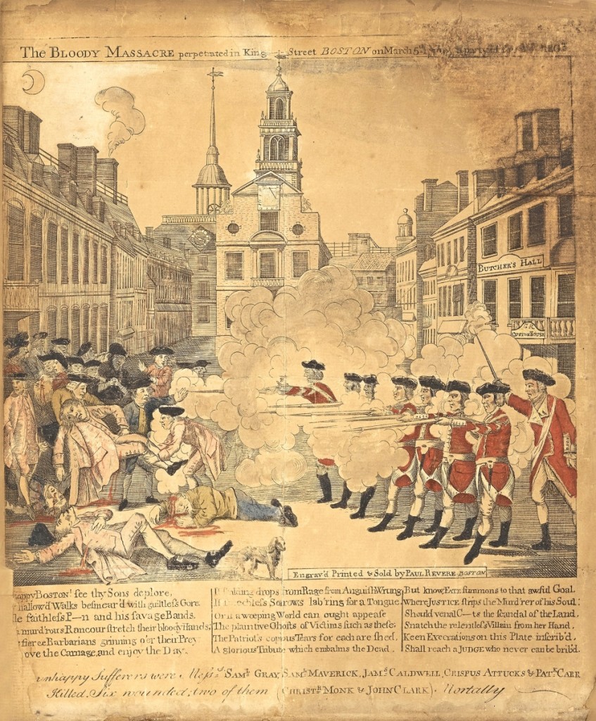 Paul Revere’s “The Bloody Massacre perpetrated in King Street Boston” is a perennial favorite among bidders. This example fetched $88,200 ($40/60,000).