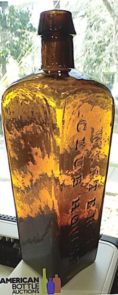 The last bottle the late Mel Hammer bought from American Glass Auctions was this Wister’s Club House gin bottle, which took $10,350. According to noted local author and historian Warren Friedrich, “The Wister’s Clubhouse Gin bottles are much earlier than 1863. They are an eastern manufactured product of which a couple hundred cases were acquired by a commission house in San Francisco and sold at auction during each week in June and July of 1863.