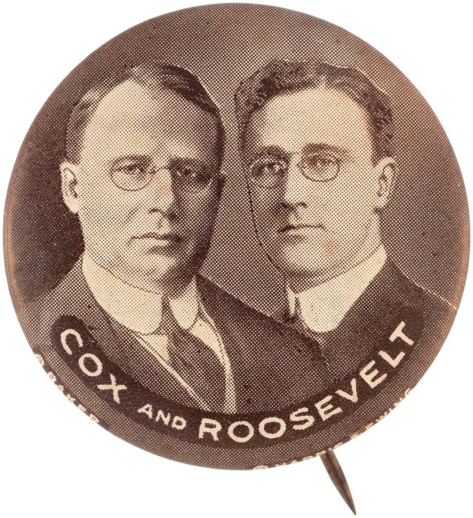 James M. Cox/Franklin D. Roosevelt jugate button, 1¼-inch size, one of only six known in that size and one of only three known in this design; the first of its type to reach the marketplace in 40 years. It sold for $185,850, a world auction record for a pinback button of any type.