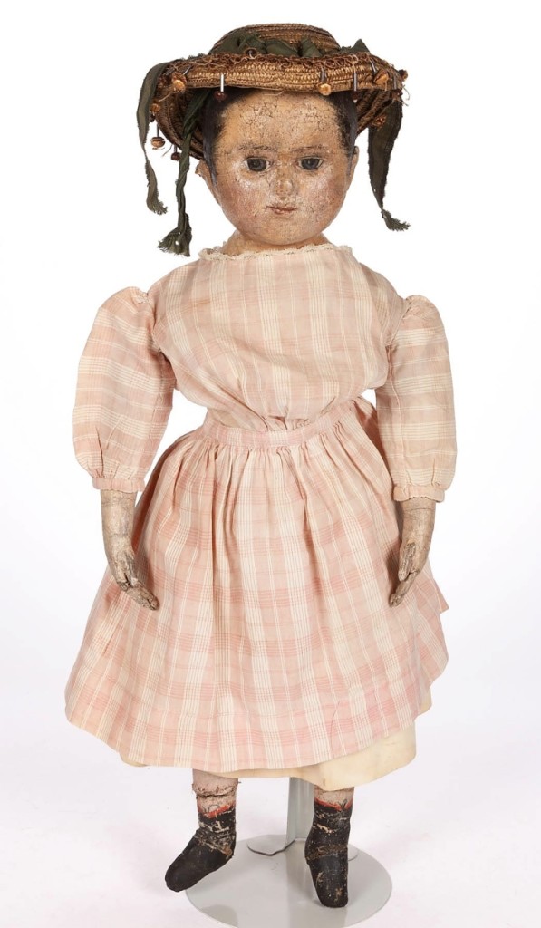 “That was another [lot] that checked all the boxes. It was attributed to an iconic maker and was in overall good condition,” Will Kimbrough said of this 17-inch-tall cloth folk art paint-decorated doll attributed to Izannah Walker (1817-1888) that had been published in Eleanor Lakin’s book on folk art for children and exhibited in the 1980s. It brought $14,580 from a Utah private collector, the second highest price in the sale and the highest price for a doll ($3/5,000).