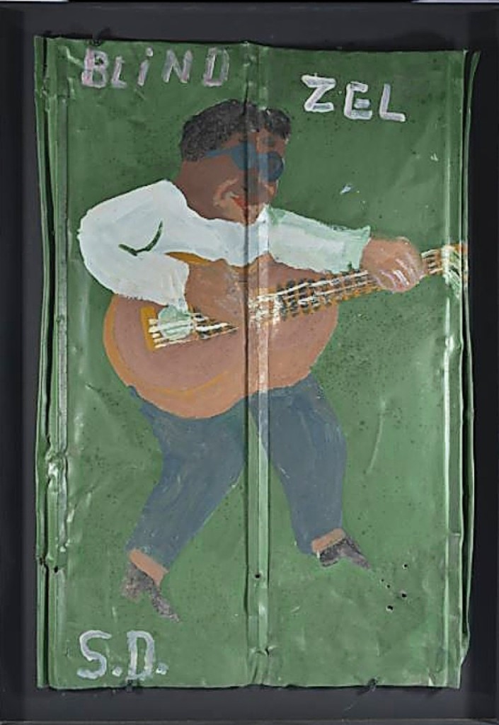Top price, $21,250, was attained for a Sam Doyle (1906-1985) piece, paint on tin and titled “Blind Zel.”