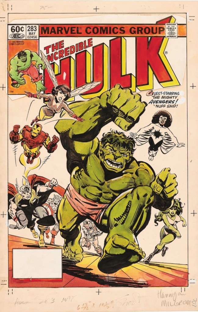 Original pen-and-ink cover art for Incredible Hulk #283 comic book, published by Marvel in May 1983. Art by Ed Hannigan with inks by Al Milgrom. Penciled notations. Marvel copyright ink stamp on verso. It brought $33,315 against an estimate of $10/20,000.