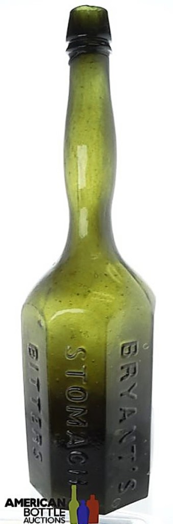 Bryant’s Stomach Bitters with applied top with early pontil, circa 1857-63, settled at $6,900.