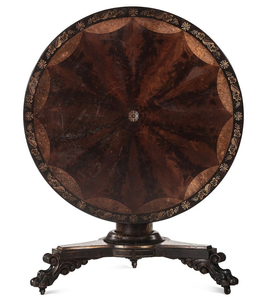 “The buyer should be very pleased with that price,” Benjamin Fisher said of the $13,750 achieved for this Classical parcel-gilt, stencil-decorated, carved and inlaid mahogany tilt-top breakfast table that was attributed to Anthony Quervelle of Philadelphia based on a set of drawings from the Quervelle archives that illustrates a nearly identical tabletop and base. A private collector from the American South had the winning bid ($15/25,000).