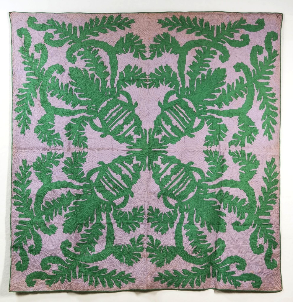 The quilt that brought the highest price in the sale — $3,250 — was a pieced and applique cotton pineapple variant quilt, reportedly made in Hawaii during the last quarter of the Nineteenth Century.