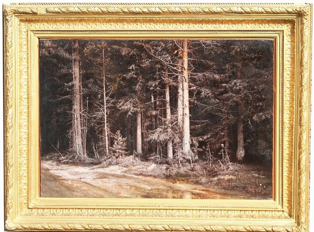 Julius Yulevich Von Klever’s (Russian, 1850-1924) wooded landscape painting titled “Pine Forest After Rain,” 1895, was bid to $8,370.