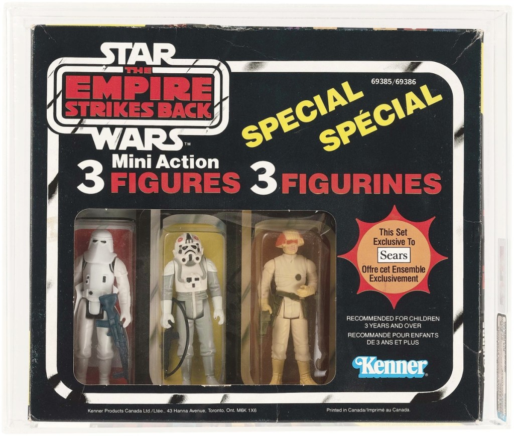 Star Wars: The Empire Strikes Back Canadian-issue three-pack containing 3¾-inch action figures of Stormtrooper (Hoth Battle Gear/Snowtrooper), AT-AT Driver and Cloud Car Pilot from Kenner’s 1981 series. AFA-graded 75 QY EX+/NM (archival case) and encapsulated in a Sears-exclusive window box, it realized a record $42,835 against an estimate of $10/20,000.