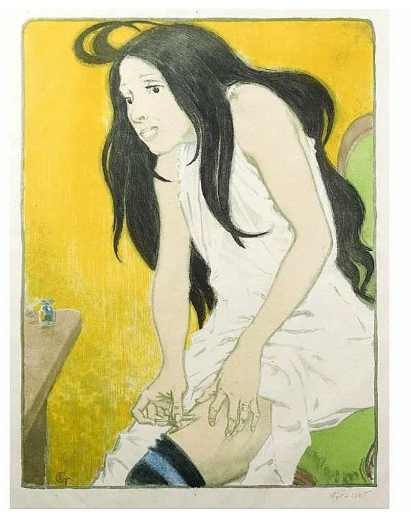 Eugene Grasset’s (French, 1845-1917) “The Morphine Addict,” 1897, a lithograph and pochoir depicting a woman, apparently a prostitute, injecting morphine into her leg, sold for $8,400.