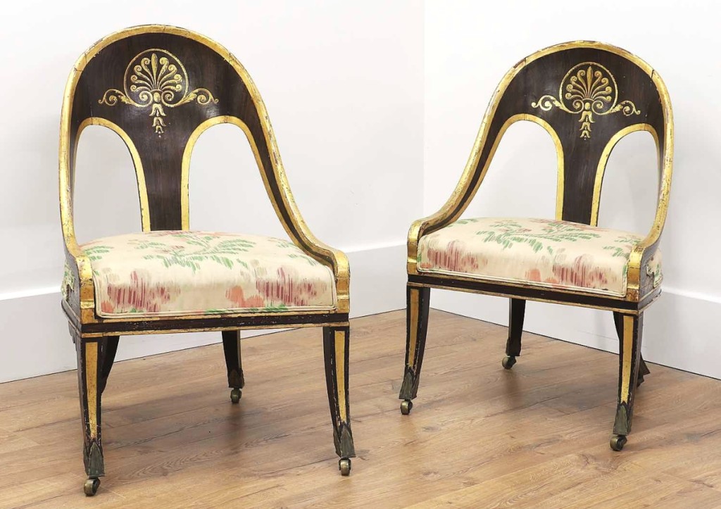 Bringing $14,156 and the second highest price in the sale was this pair of parcel-gilt Regency spoon-back chairs with anthemion and bellflower decoration and leaf-chased brass feet. A dealer from London’s Bond Street prevailed against competition ($2,6/4,000).