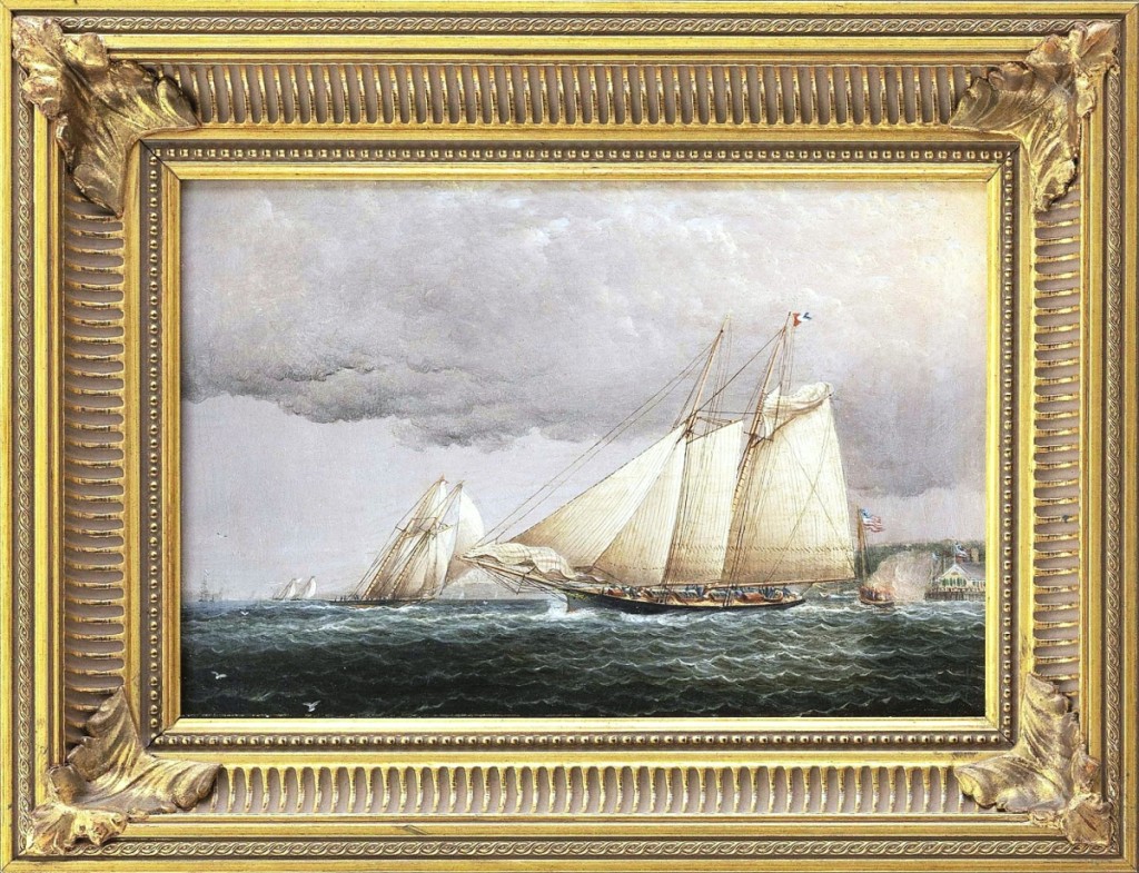 James Edward Buttersworth’s small oil on board painting of the schooner yacht Palmer was the highest priced painting in the sale, earning $53,125. The yacht was depicted under full sail with Staten Island in the background.
