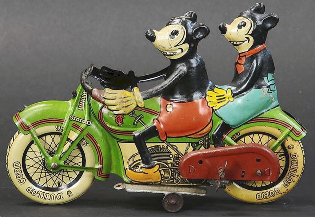 Mickey & Minnie Mouse Motorcycle rolls into the record books at Bertoia. A rare and desirable toy by Tipp & Co., Germany, circa 1932, saw strong bidding by collectors, exceeding its estimate of $25/45,000, selling for a record-setting $222,000.