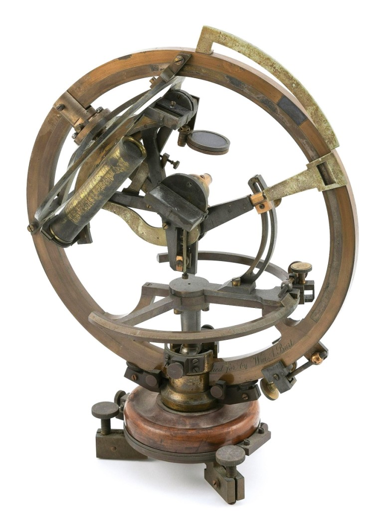 A rare 1856 Burt’s “reflecting” equatorial sextant, made by William Jones Young, sold far above its estimate, realizing $32,500. Only seven were made and very few are known to have survived. The catalog describes its full history and discusses its rarity.