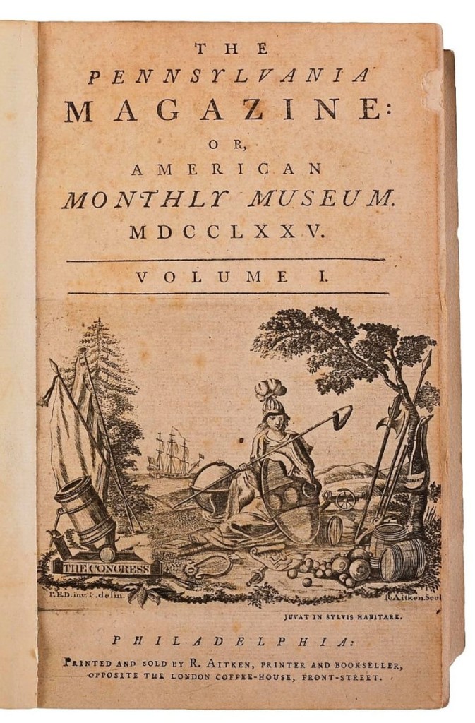 The star of the sale was a bound copy of the rare 1775 first year of the Pennsylvania Magazine, with all 12 issues and the supplement. It included some of the earliest maps of the Revolutionary War, including the siege of Boston and the Battle of Bunker Hill. Graham Arader paid $38,400 for it.
