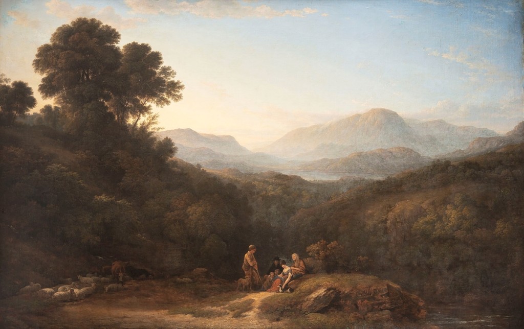 Selling within estimate, for $68,397 to a phone bidder from Australia, was John Glover’s (English and Australian, 1767-1849) monumental lake landscape with herd of sheep, cattle and shepherds.