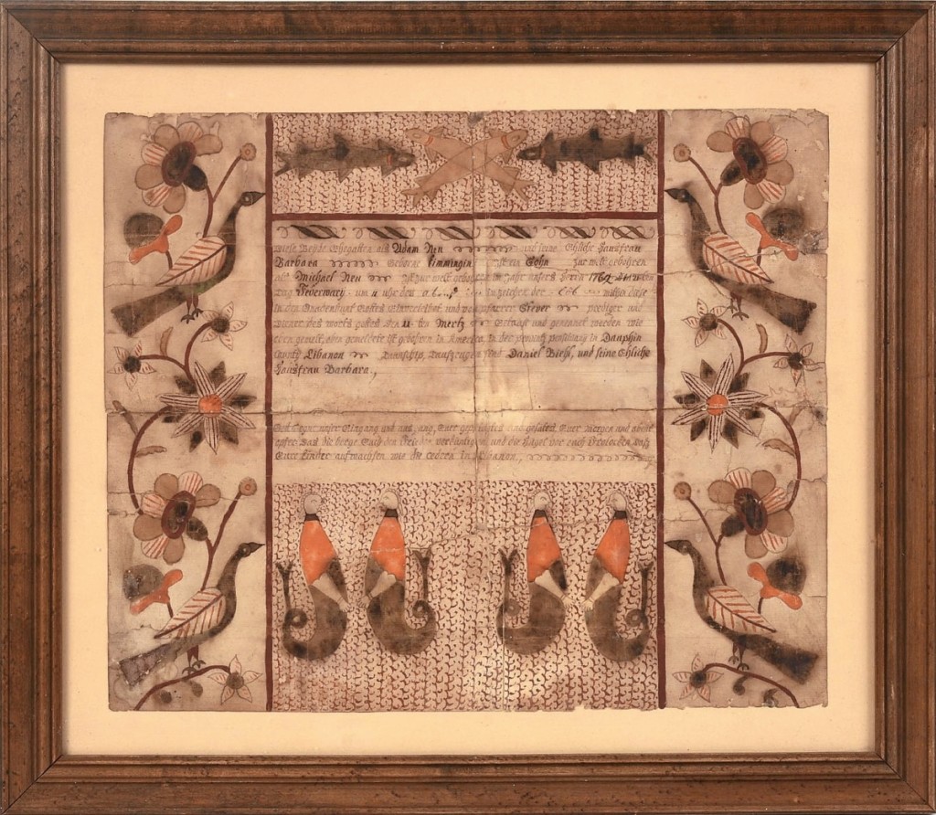A colorful Dauphin County, Penn., fraktur realized $2,500. It was attributed to Johann Otto, and it celebrated a birth in the year 1762, on the 21st day of February at 11 o’clock in the evening.