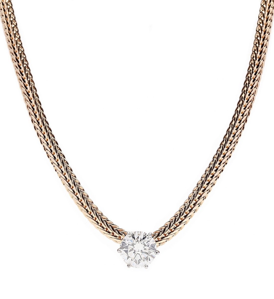 This gold and diamond necklace that sold for $28,800 was also consigned by the Indiana family. Its prong set round brilliant cut diamond weighing 4.25 carats (I color, I1 clarity) centered on a yellow gold wheat chain completed with a box clasp with figure eight safety and was signed Dankner 14K.