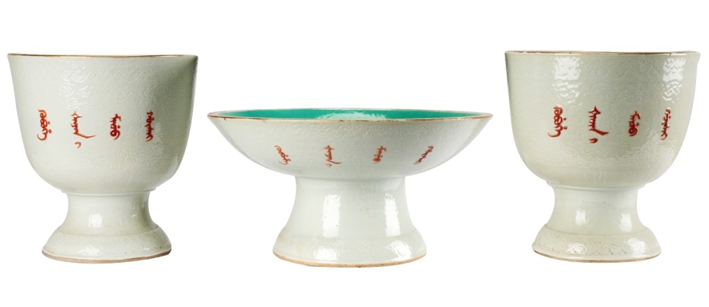 Bidders liked this pair of Nineteenth Century Chinese porcelain stem cups and bowl, pushing it to $87,500, from a $30,000 high estimate. Each was marked and dated 1839 and stamped “China.”