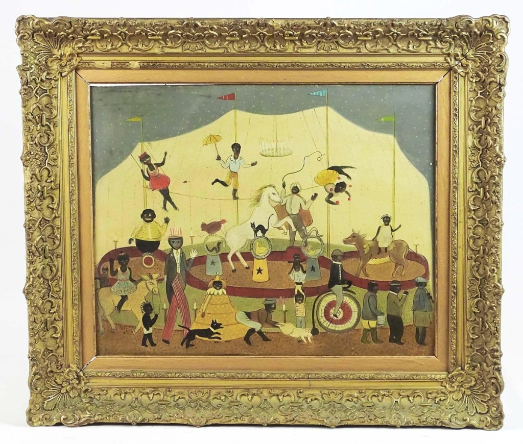 This whimsical unattributed oil on wood panel composition measured 15½ inches by 19½ inches and fetched $1,200 ($200/400).