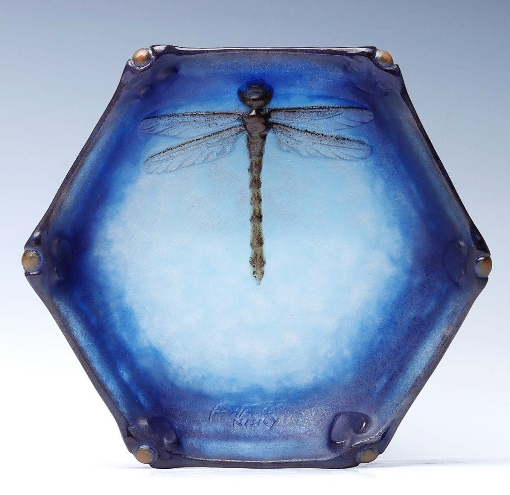 The top lot of the third day of the auctions, featuring art glass from a Colorado collection was $11,500 for this pate de verre dish with dragonfly collaboratively made by Victor Amalric Walter (1870-1959) and Henri Berge (1870-1937). It sold to a phone bidder against online competition ($3/5,000).