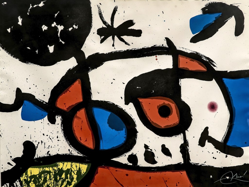 Joan Miro (Spanish, 1893-1983), “Le Bagnard et sa Compagne (Dupin 749),” a monumental etching and aquatint in color on Arches paper, sold on the internet within estimate for $36,600.