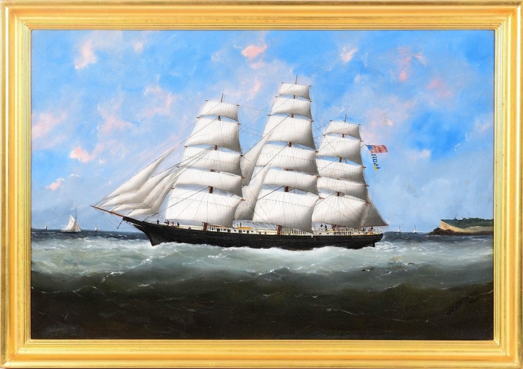 The Harriet H. Mcgilvery was a brig built in Searsport, Maine, in 1851. Its portrait was the highest priced of the paintings in the sale, finishing at $3,600. It was signed and dated “Edouard Adam, 1879.” The ship, under full sail, was flying an American flag.