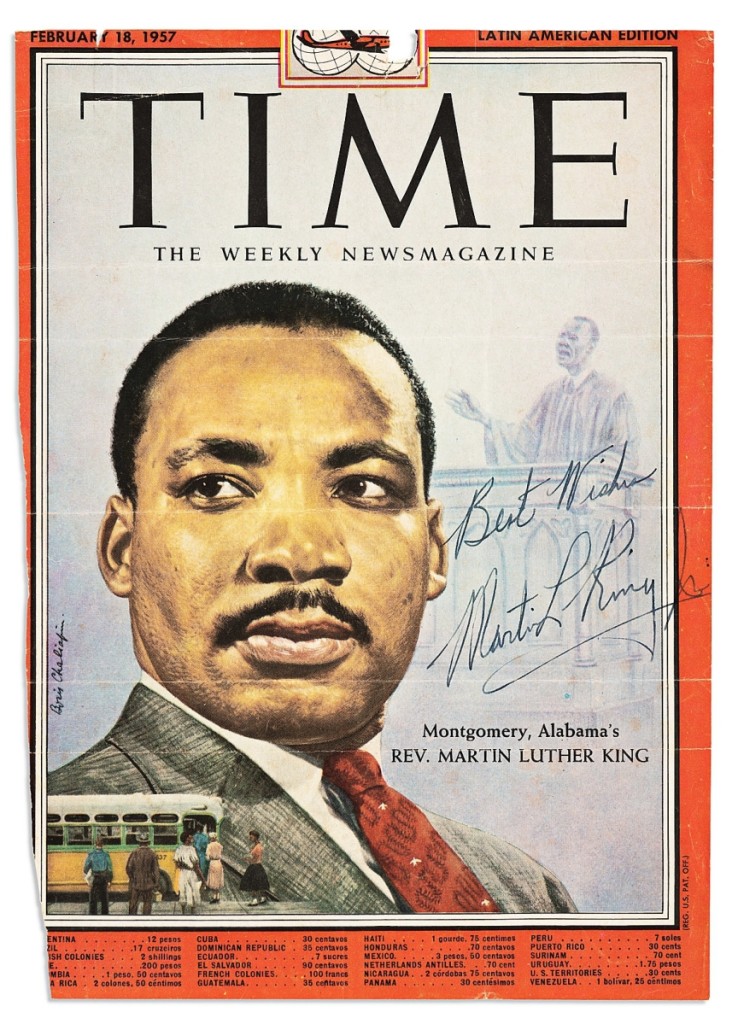 A Time magazine cover signed and inscribed, “Best Wishes” at lower right by Martin Luther King Jr in 1959 was the February 18, 1957, issue. It finished at $20,000, five times its high estimate.