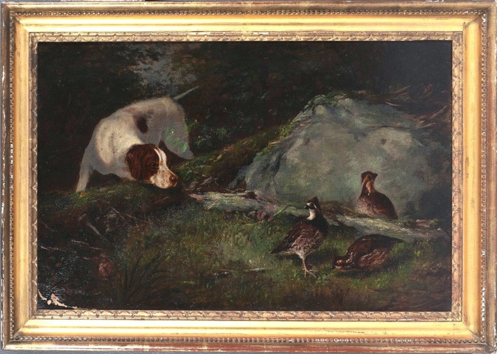 Arthur Fitzwilliam Tait was one of the earliest of the “sporting artists.” His “Dog With Three Quail” brought the highest price, $90,000, among the extensive selection of sporting art.