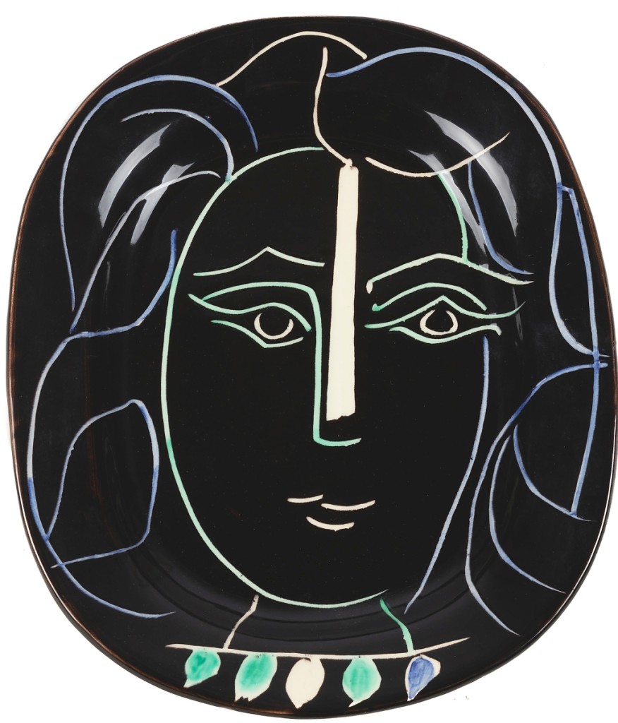 Fetching $30,600, twice its high estimate, was Pablo Picasso’s (Spanish, 1881-1973) “Visage de Femme” plate, with stamps for Madoura Plein Feu and Edition Picasso on its underside, measuring 15 by 12¼ inches.