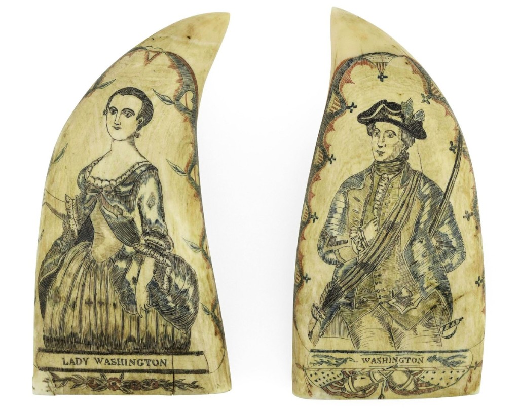 Realizing $75,000 and tying for the high price of the sale was a pair of polychrome teeth by an unknown engraver. One depicted a young George Washington in militia uniform, and the other depicted a young Martha, who would later become his wife. Both images were thought to be based on earlier, published images.