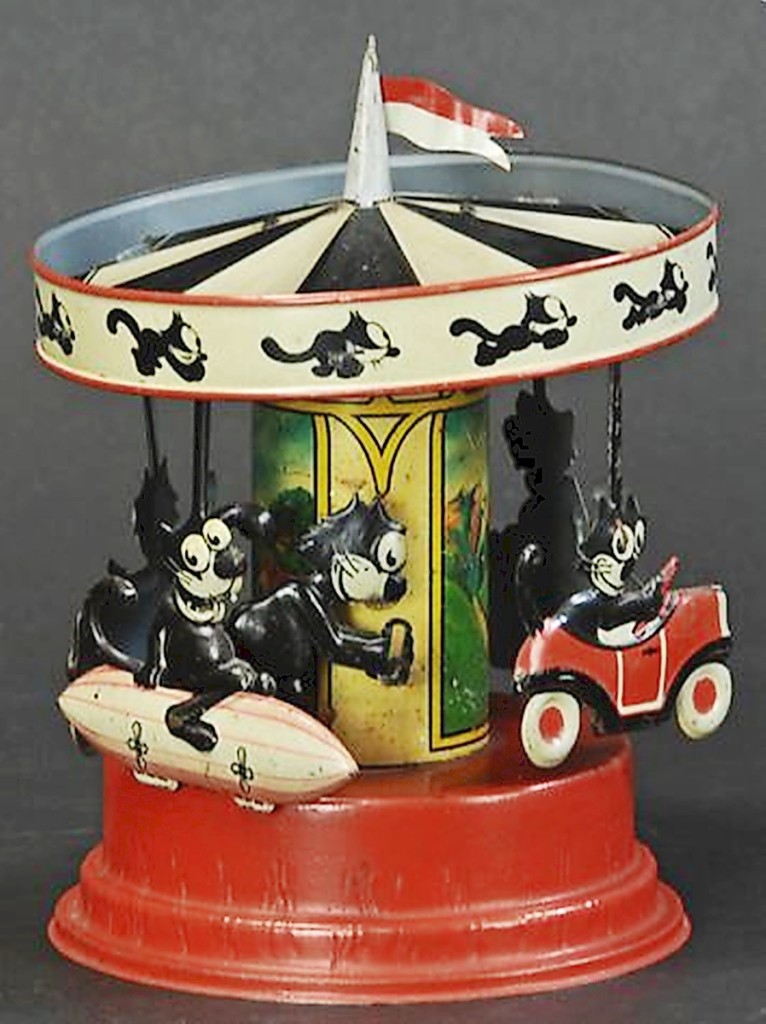 This Guntherman Felix the Cat lithographed action windup rotating merry-go-round led more than a dozen lots featuring the noir black and white feline. It realized $52,800 ($15/25,000).