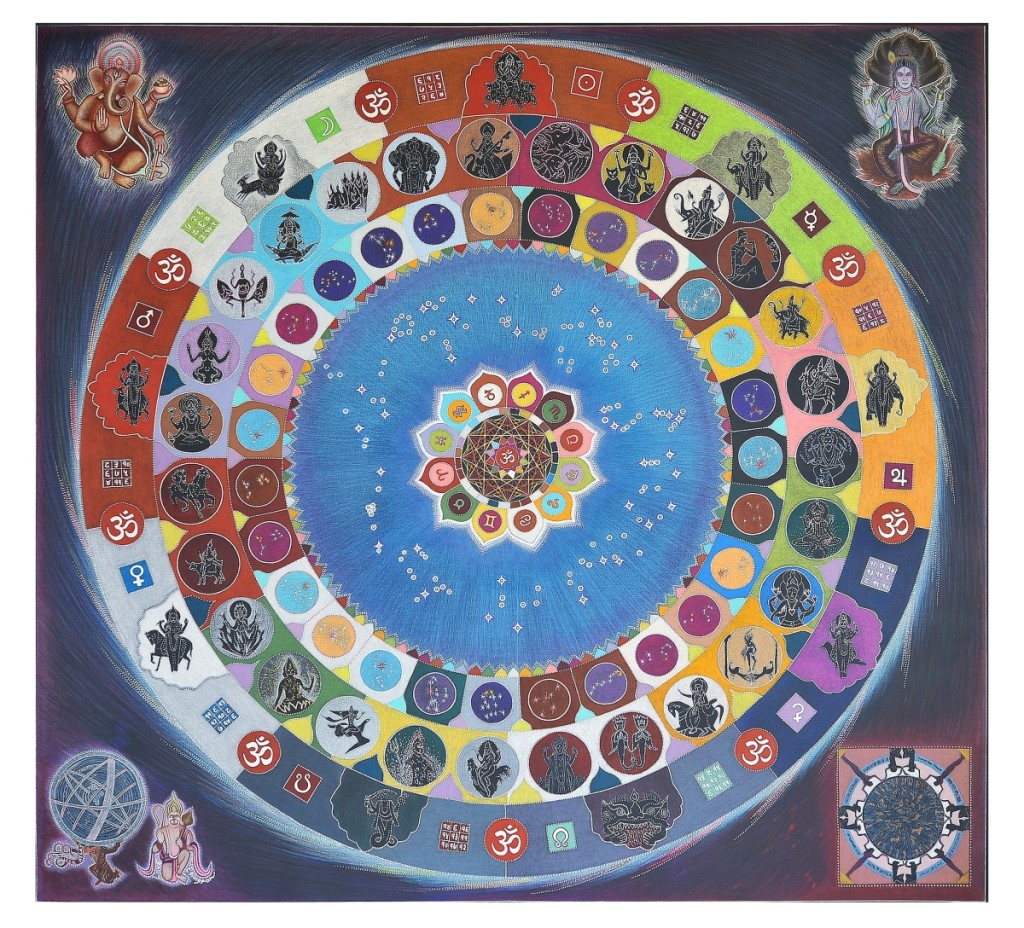“Kala Mandala” by Peter Eglington, 2018. Mixed media on canvas, 84 by 82 inches. Gallery owner, Anni Mackay, said Eglington is a Vedic astrologer and meditator whose visions “affirm the work of the seen and unseen spiritual deities working on our behalf that communicate the positive forces at work in these challenging and transformational times.” It was still available for purchase after the show closed. BigTown Gallery, Rochester, Vt.