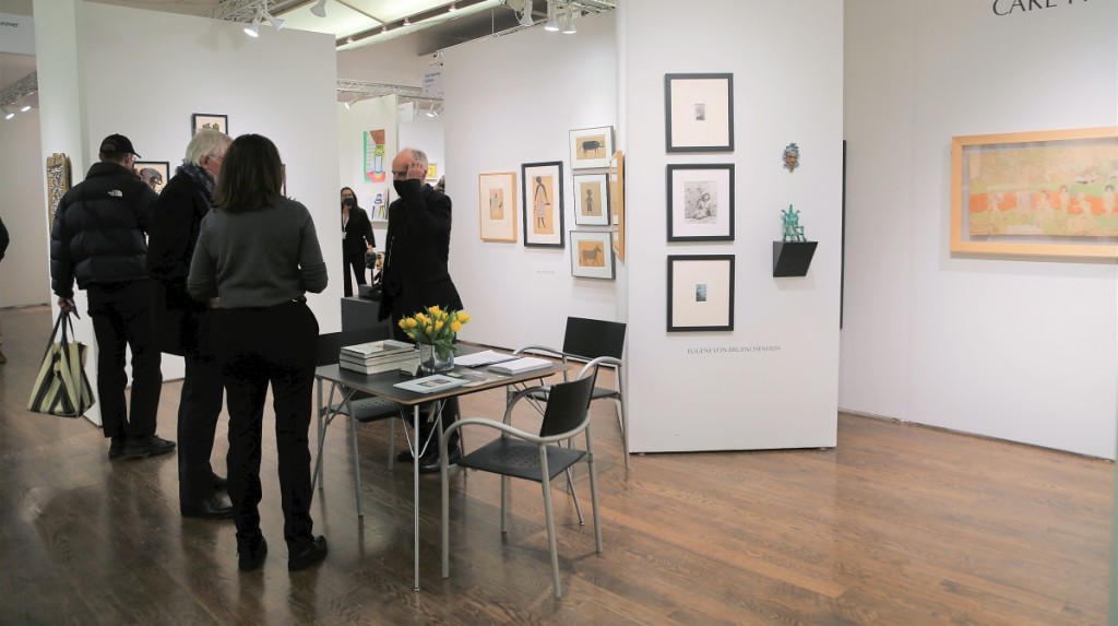 Carl Hammer Gallery had works by many Outsider Old Masters, including Bill Traylor, Henry Darger, Joseph Yoakum and Lee Godie. While the Chicago dealer made “numerous” sales, the Henry Darger, “At Jennie Richee not liking wind they hasten...”/ “At Jennie Richee,” 19 by 82 inches and partially seen on the right, was still available after the show.