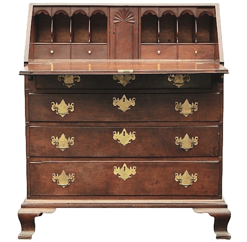 Top lot in the sale was a rare Newport, R.I., desk attributed to Job Townsend Sr (1699-1765) or his school, which ended up at $4,000. The slant lid desk in old surface featured a shell-carved interior and a bold original bracket base.