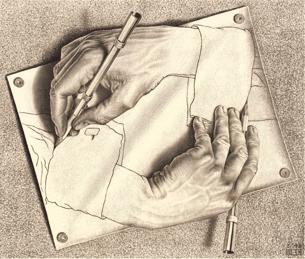 “Drawing Hands” by M.C. Escher, January 1948. Lithograph, 11-1/8 by 13-1/8 inches. Collection of Michael S. Sachs. All M.C. Escher works ©The M.C. Escher Company B.V.-Baarn-the Netherlands. Used by permission. All rights reserved.