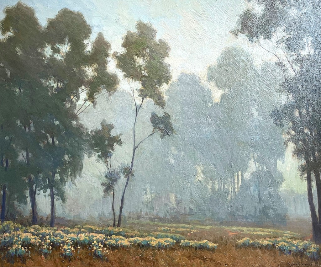 John Marshall Gamble’s (American, 1863-1957) atmospheric painting, ‘‘Eucalyptus Hill in Fog,’’ oil on board, performed much better than its original price tag affixed verso of $2,500. The 21-by-26-inch work, signed lower right, brought $9,488.
