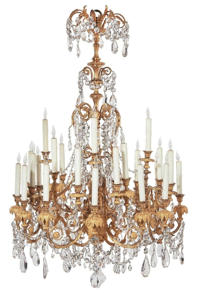 An American buyer paid $23,750 for the top lot in the sale, this Louis XVI-style gilt bronze and cut glass 28-light chandelier, second half Nineteenth Century ($5/7,000).