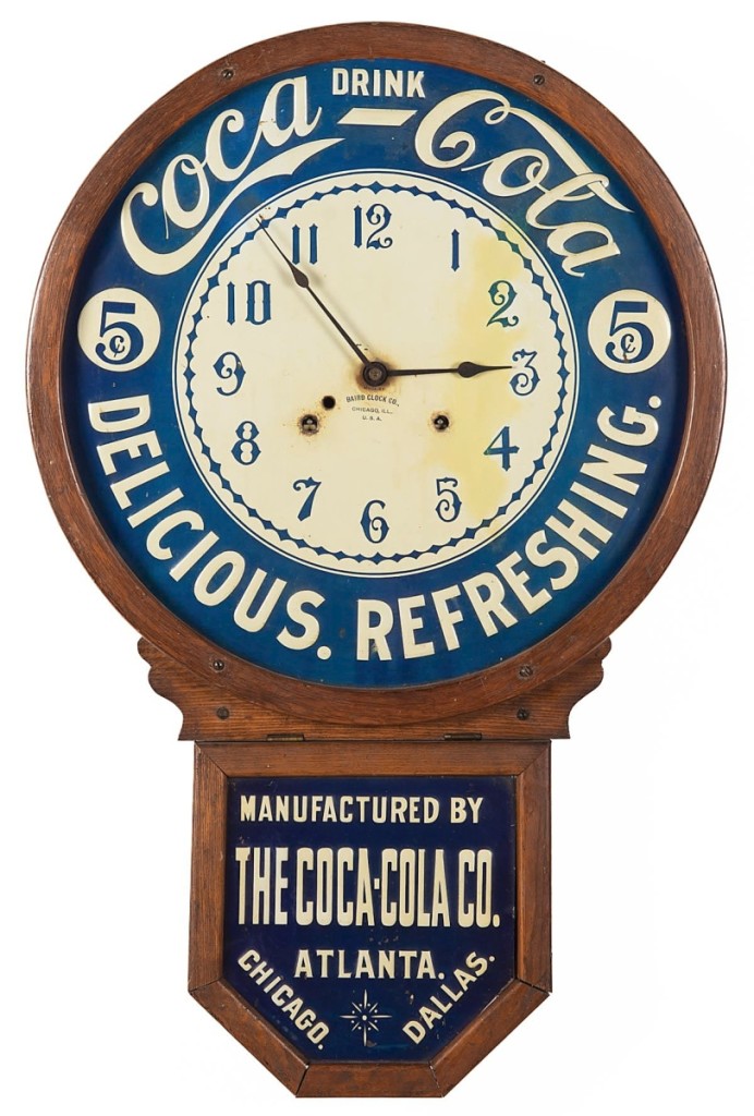 The top price of $17,010 was achieved by this Baird Clock Company (Chicago) Coca-Cola advertising store clock, which was in remarkably original condition and quenched bidders’ thirst. It was from the Hunter Collection and sold to a Canadian private collector on the phone for more than double its high estimate ($5/8,000).