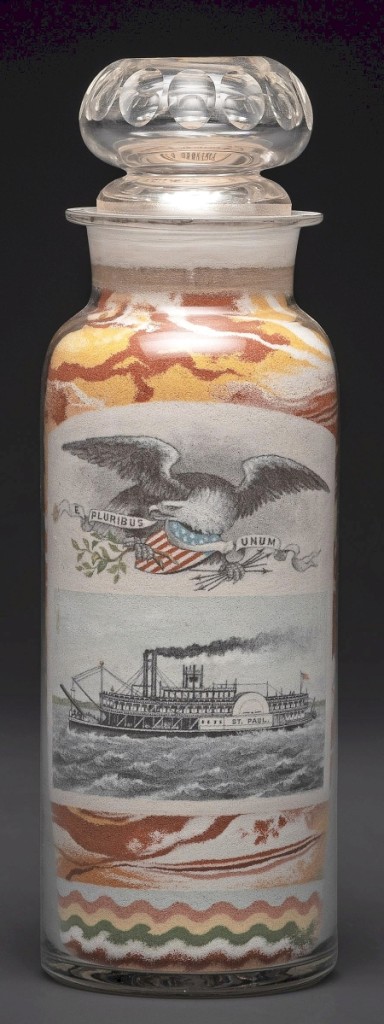 Leading the sale at $800,000 was this labeled sand bottle, made by Andrew Clemens (American, 1857-1894) in 1889 for railroad freight agent Nicholas J. Goll. A large size, complex composition that incorporated rarely seen-together decorative motifs combined with a history of descent in Goll’s family to attract competition from a small but determined pool of bidders on the phone ($100/150,000).