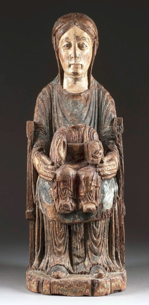 The first lot in the Sculptures and Old Master paintings sale on March 12 scored not only top lot status for the day but for the week as well. This French Romanesque carved Madonna and Christ Child, attributed to Auvergne, circa 1150-1200, had damage and restorations but still significantly outpaced expectations, bringing $115,961 from a phone bidder from Switzerland.