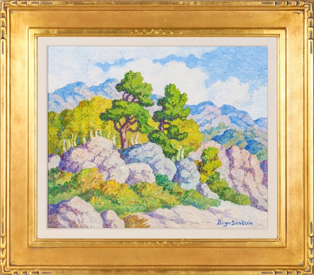 “Pine and Aspen,” a Rocky Mountain view painted in the distinctive high impasto technique of Birger Sandzen (1871-1954) reached the pinnacle of the sale when it sold for $46,000. Oil on panel, circa 1945, it had a sight size of 19½ by 23¼ inches and was in excellent untouched original condition ($25/40,000).