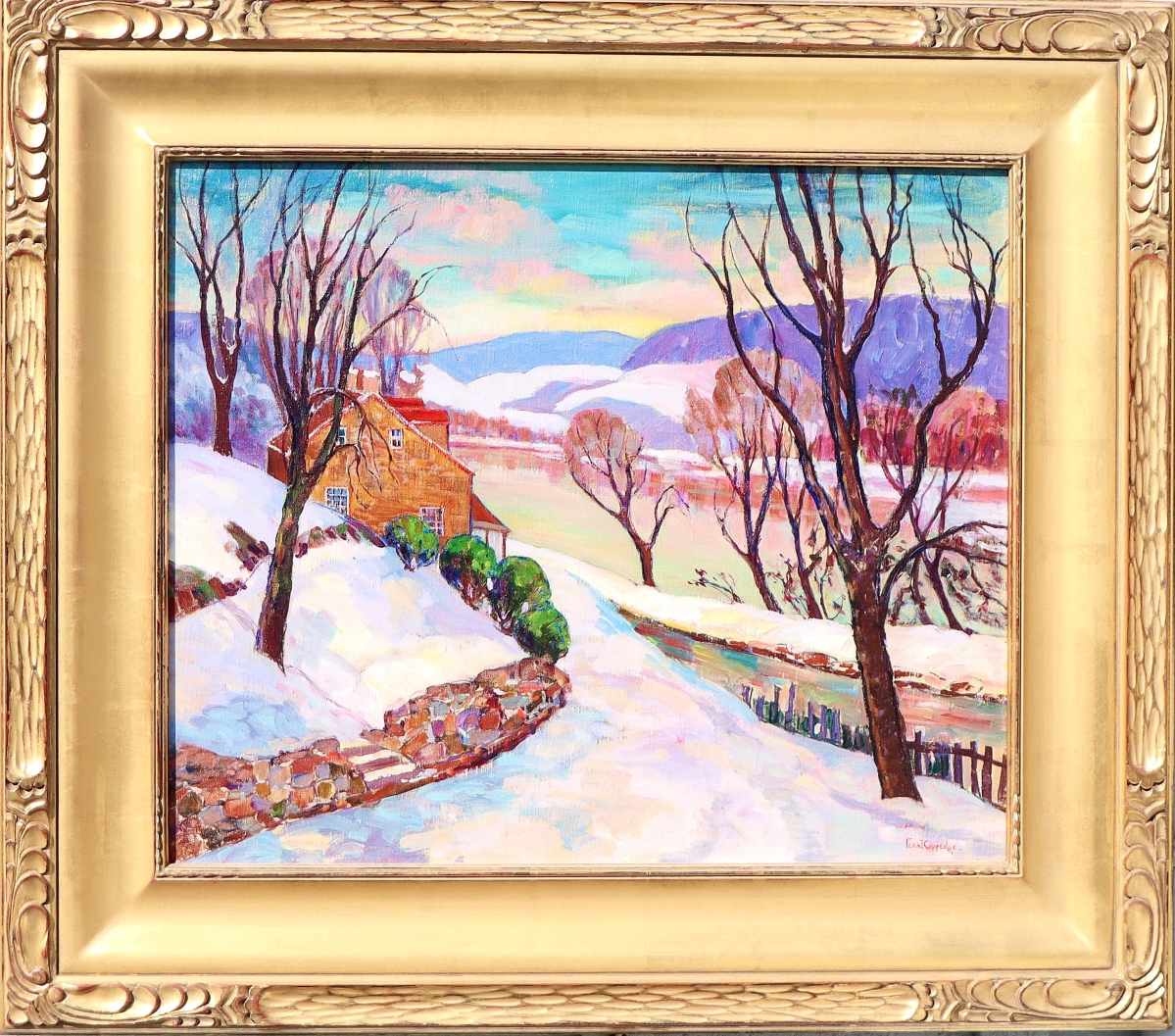 The sale’s top lot was Fern Isabel Kuns Coppedge’s (1883-1951) oil on canvas, “Green and Gold,” a winter landscape of a snow-covered Boxwood, which she designed and built with architect Henry T. MacNeill in New Hope in 1929. Over the years Fern painted dozens of pictures of Boxwood (also known as “Boxwood Studio” where she conducted many exhibitions). Estimated $20/30,000, the painting, 20 by 24 inches, signed lower right, sold for $57,000.