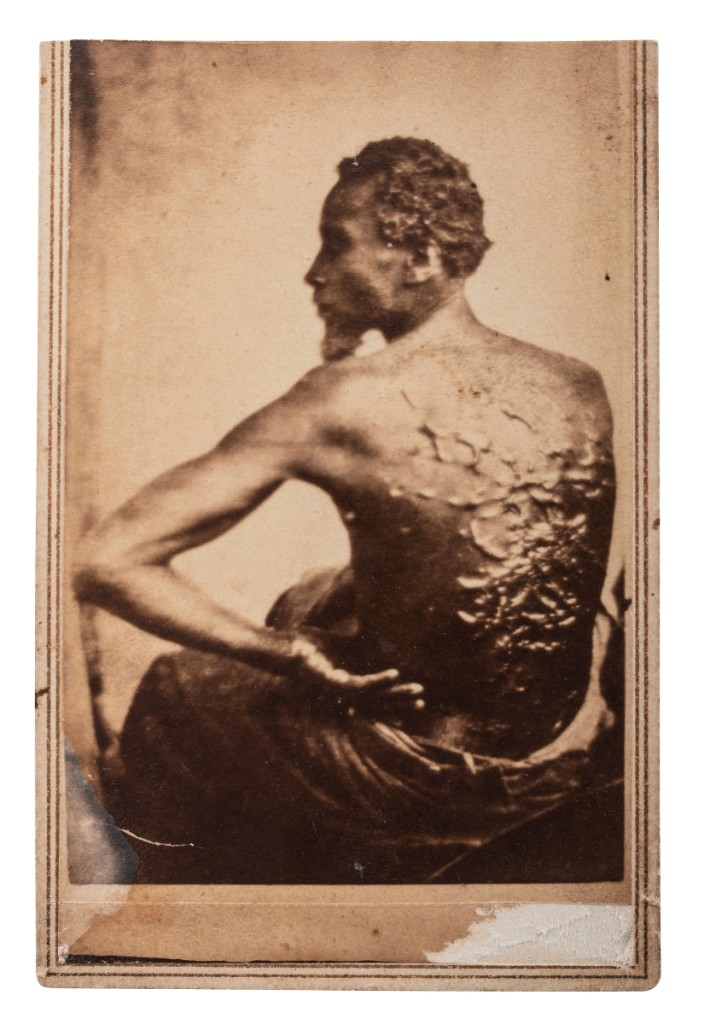 The circa 1863 CDV of an enslaved African American “Gordon” displaying his scars bore a pencil inscription to verso: “A Slave of Baton Rouge Louisiana whipped for a trifling offense. J.H. Prater phot. Augusta, Mich.” It realized $12,500.