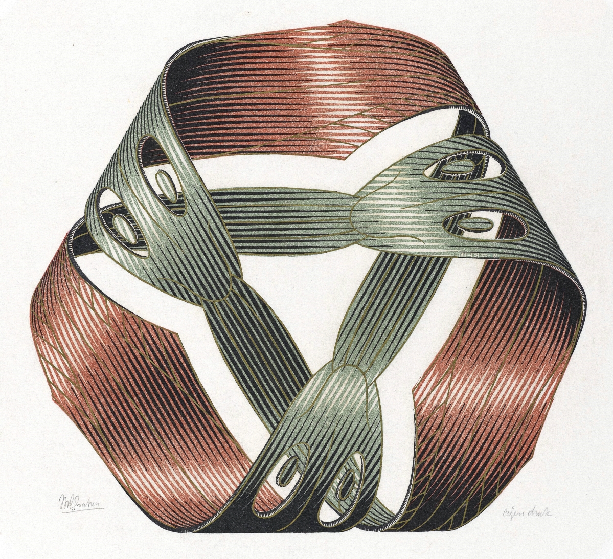 “Möbius Strip I” MC Escher, March 1961. Wood engraving and woodcut in red, green, gold, and black, printed from two blocks, on paper.  Courtesy of Michael S. Sachs.  All MC Escher works ©The MC Escher Company, The Netherlands.  All rights reserved.