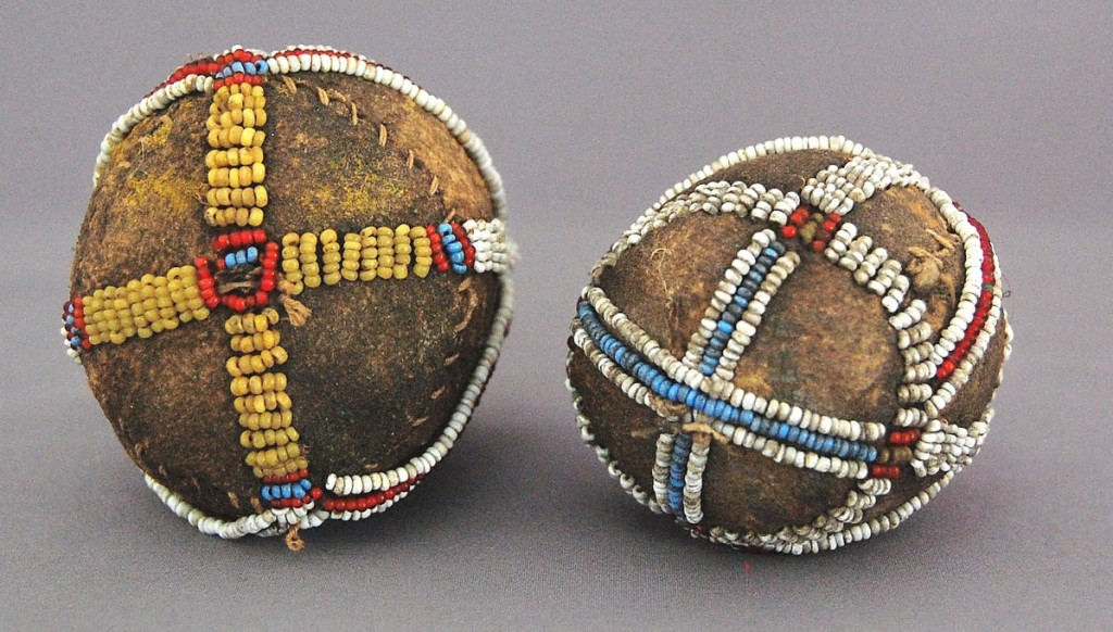 Jane Harris acquired this pair of Nineteenth Century simple beaded balls from a collection of high-end pieces and thinks they could have been used as medicine shamanic balls. Westwillow Antiques, North Vancouver, British Columbia, Canada.