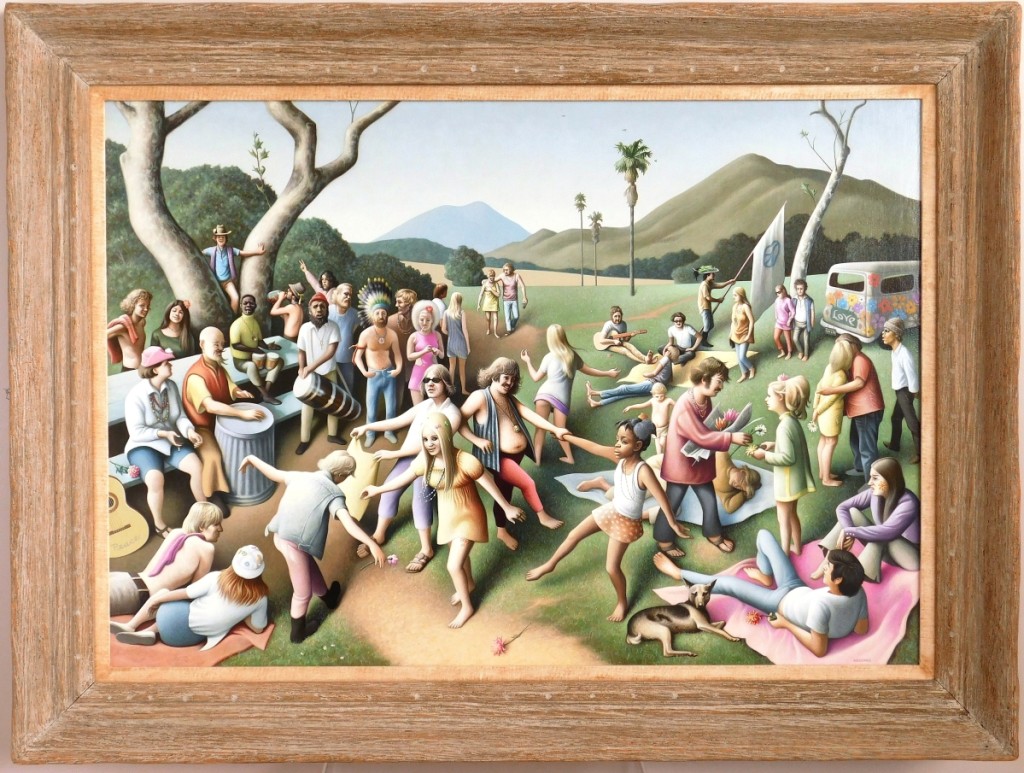 At $45,000, Roger Medearis’ (American, 1920-2001) “The Flower Children,” 1969, egg tempera and acrylic on canvas, depicting a lively scene of hippies dancing in LA’s Griffith Park led the sale. It was from a private Cleveland collection and had an extensive exhibition history.