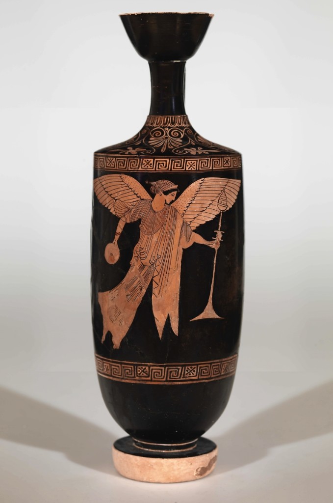 Oil flask (lekythos) by Pan Painter, Greek, active 480-460 BCE, circa 480 BCE. Red figure terracotta, 15¼ inches tall. Museum Appropriation and Special Gift Fund.